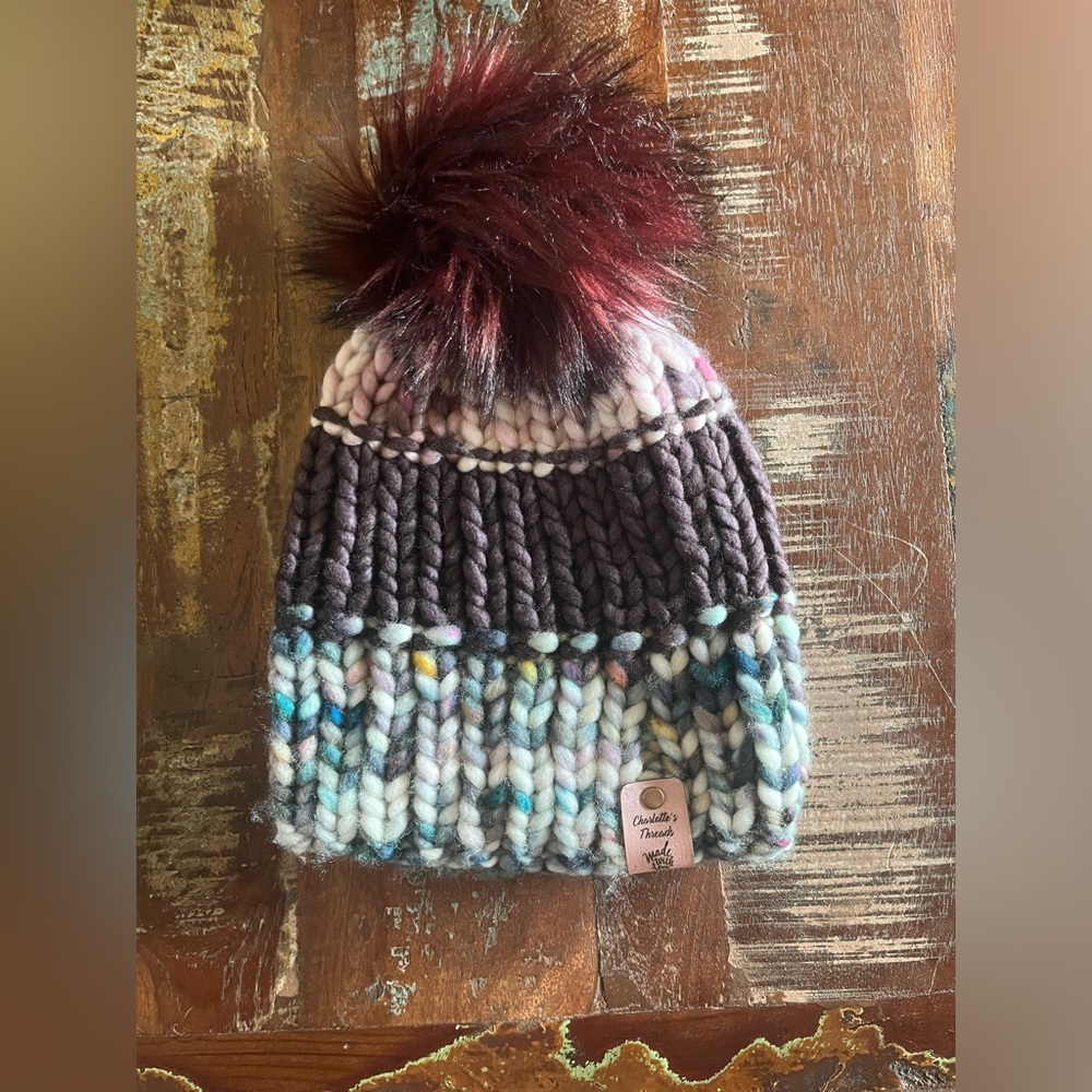Luxury Hand Knit Hat with Faux Fur Pom Pom